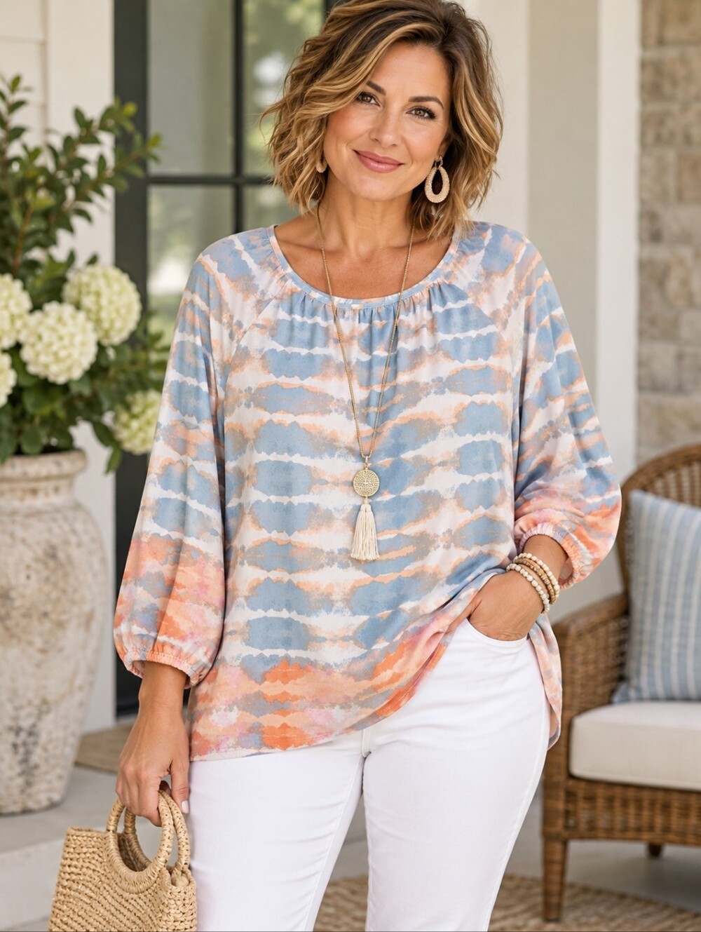 Ruby Rd Women's XL Blue Coral Abstract Print 3/4 Sleeve Stretch Blouse Artsy Top